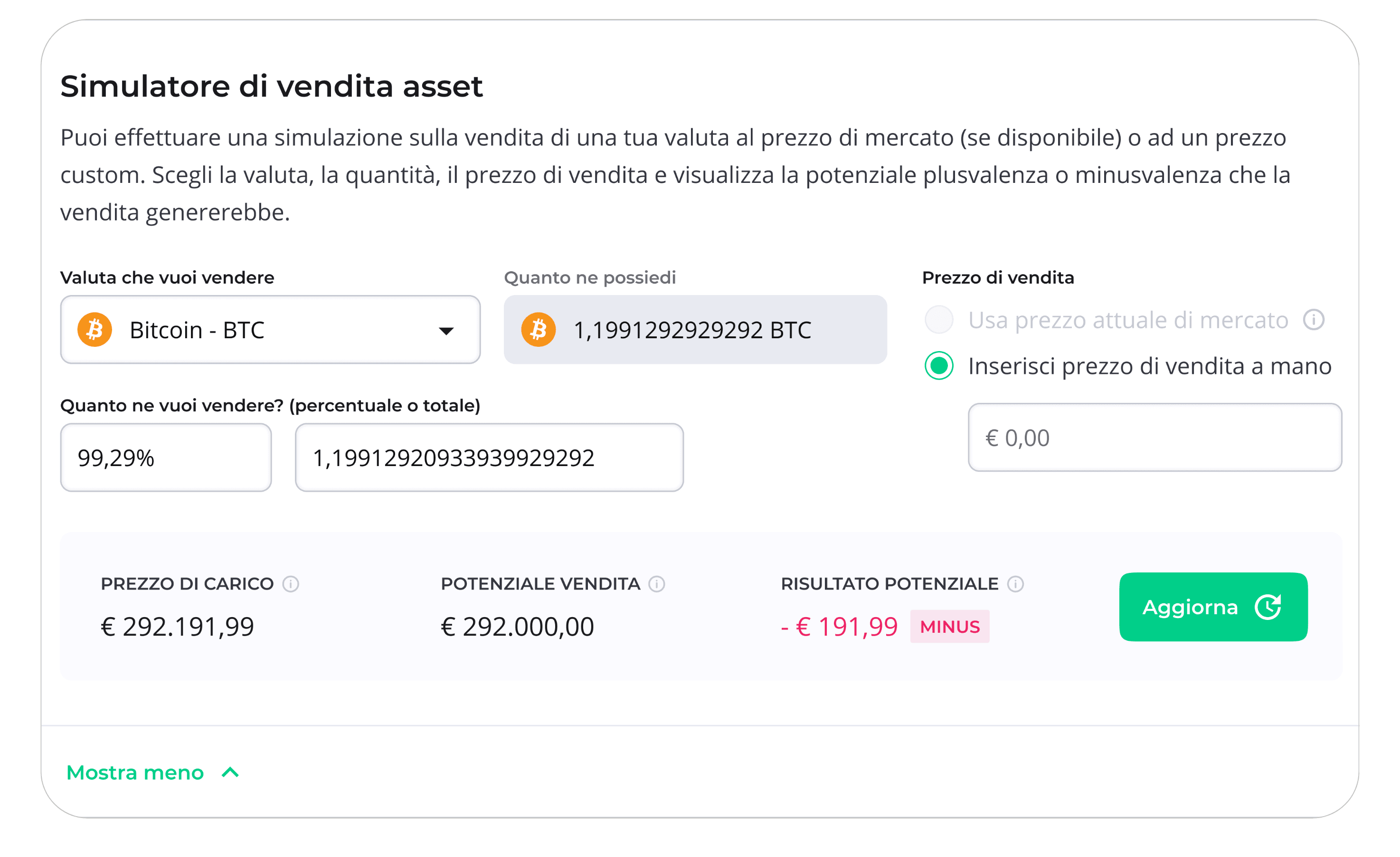 Simulatore per la vendita di crypto asset