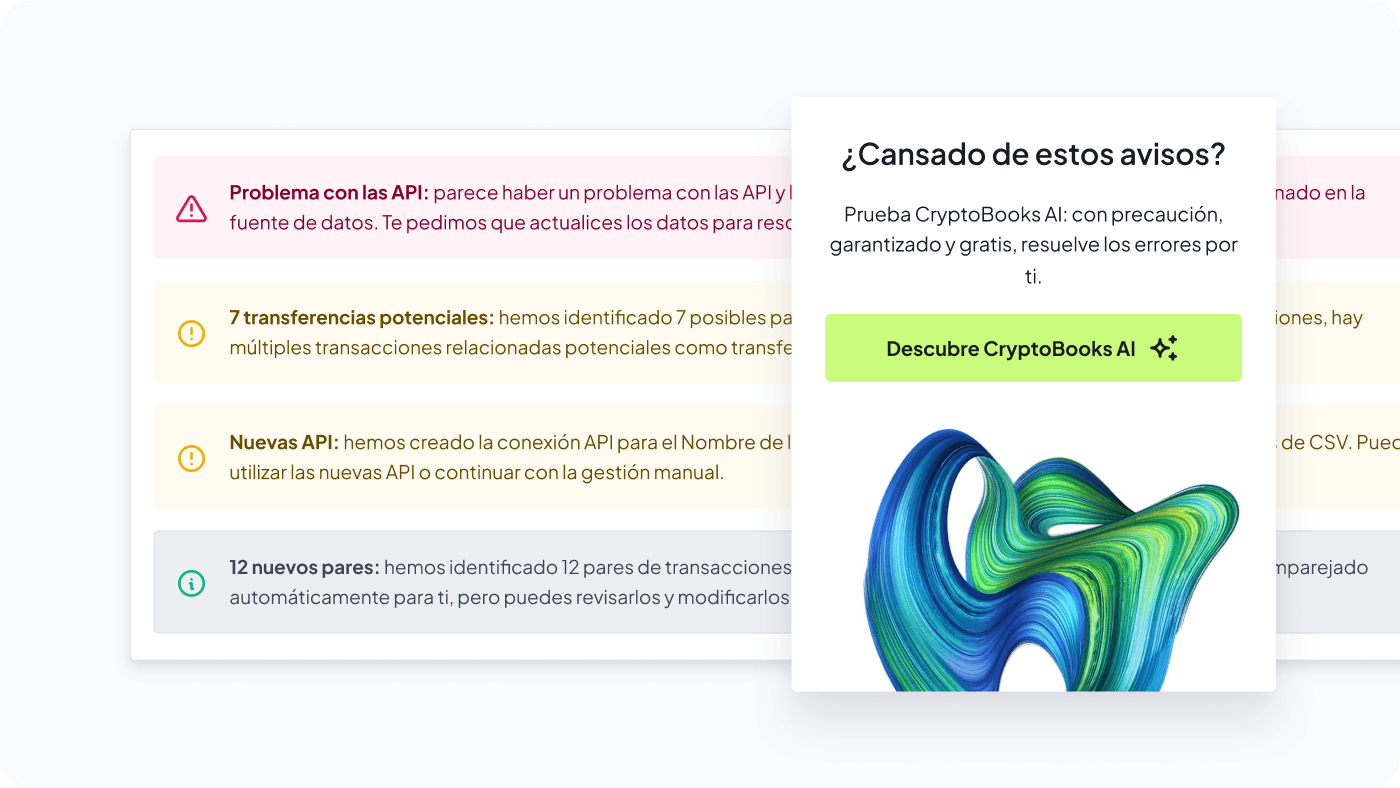 Lista de algunas alertas que CryptoBooks envía sobre los datos