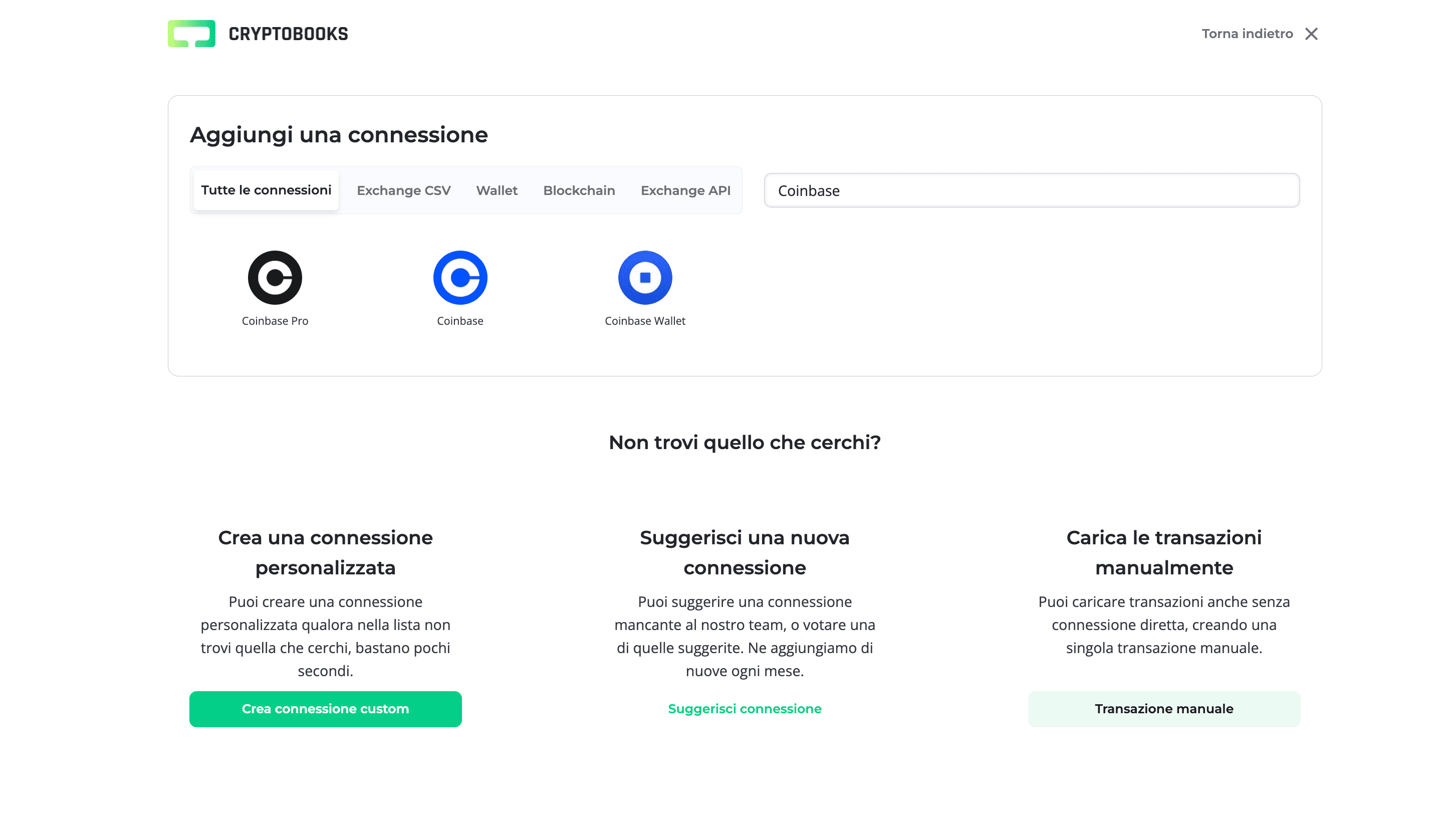 coinbase-cryptobooks-connessione