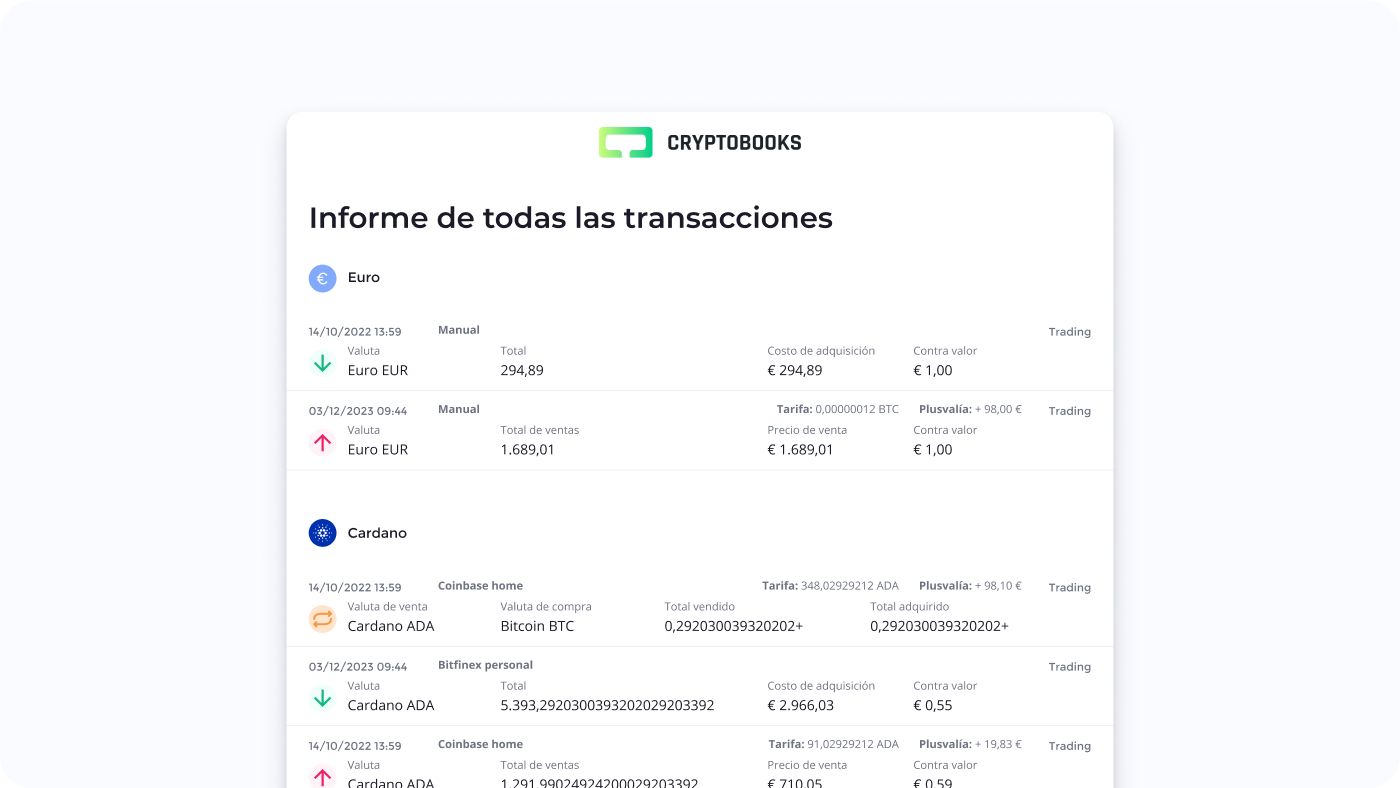 Informe de todas las transacciones de Cryptobooks (decorativo)